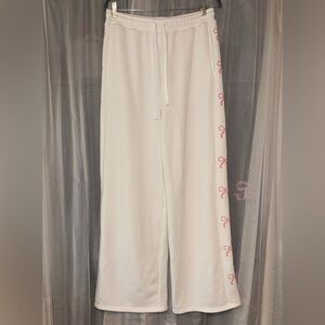 Altar’d State White Wide-Leg Sweatpants with Pink Bow Trim